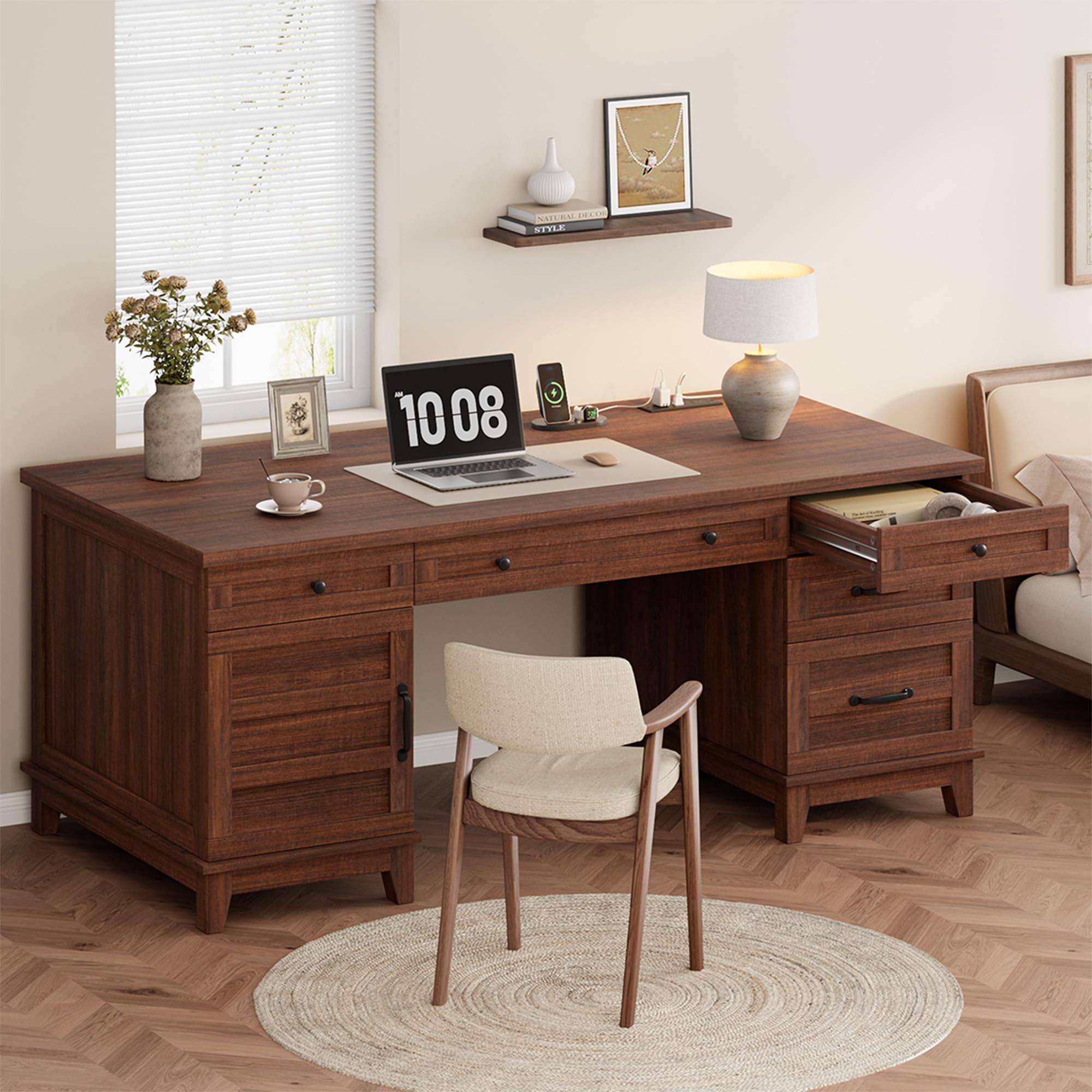 Garvee 53.5" Wooden Home Office Desk with File Drawers, Executive Desk with Power Outlet, Farmhouse Wood Desk with Storage, Distressed Study and Work Table, Rustic Grey