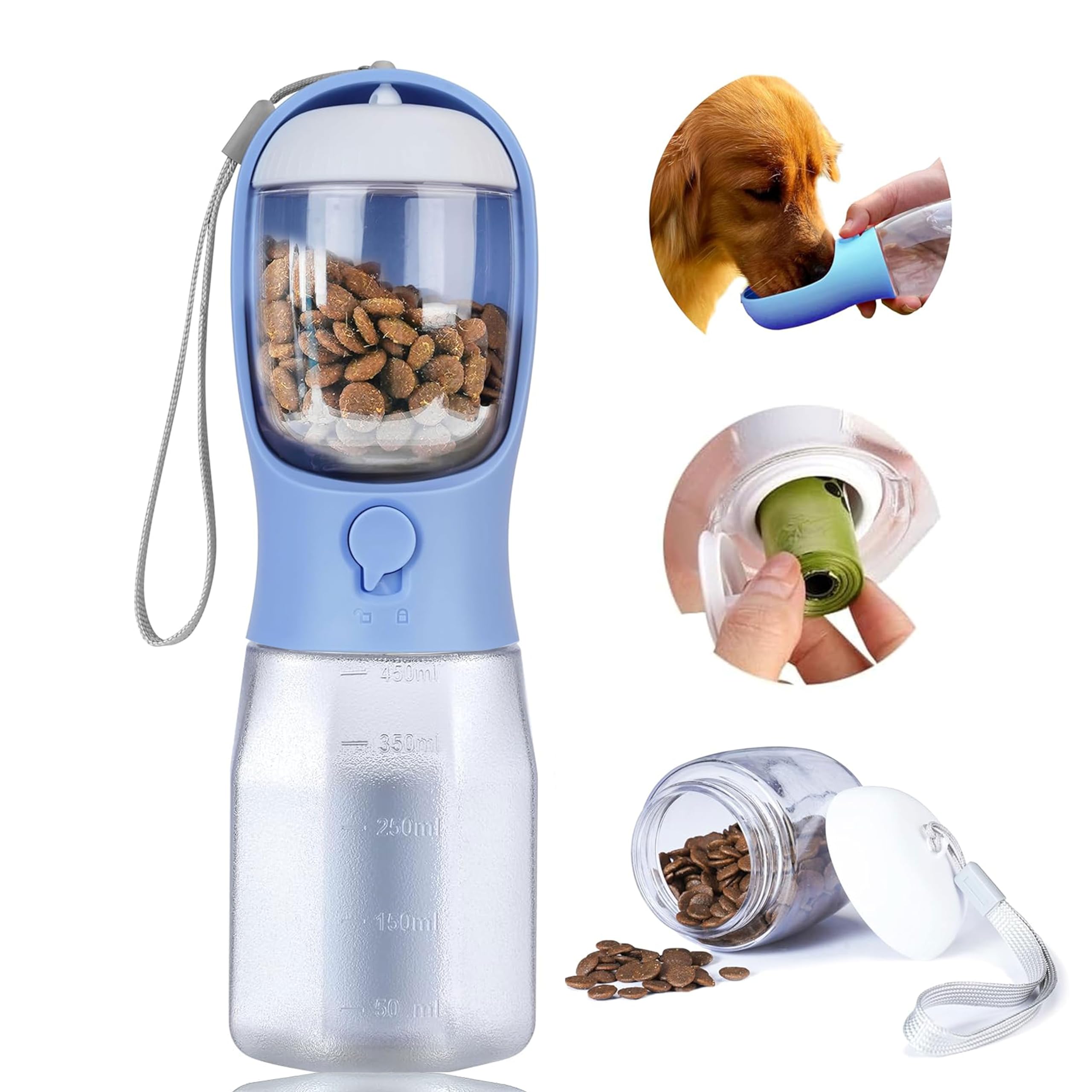 Dog Water Bottle with Food Container, Portable Pet Dog Water Dispenser for Outdoor Walking,Hiking,Travel,Puppy Essentials,Puppy Supplies,Replaceable Waste Bags