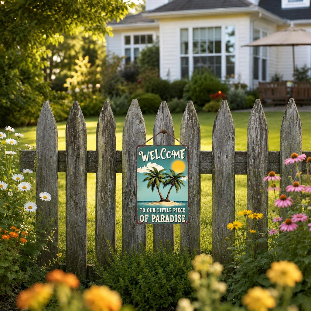 Tropical Paradise Welcome Tin Sign - Metal 12x8 Inch Coastal Rustic Wall Art for Beach House, Patio, Garden, Gift for Vacation Home Owners
