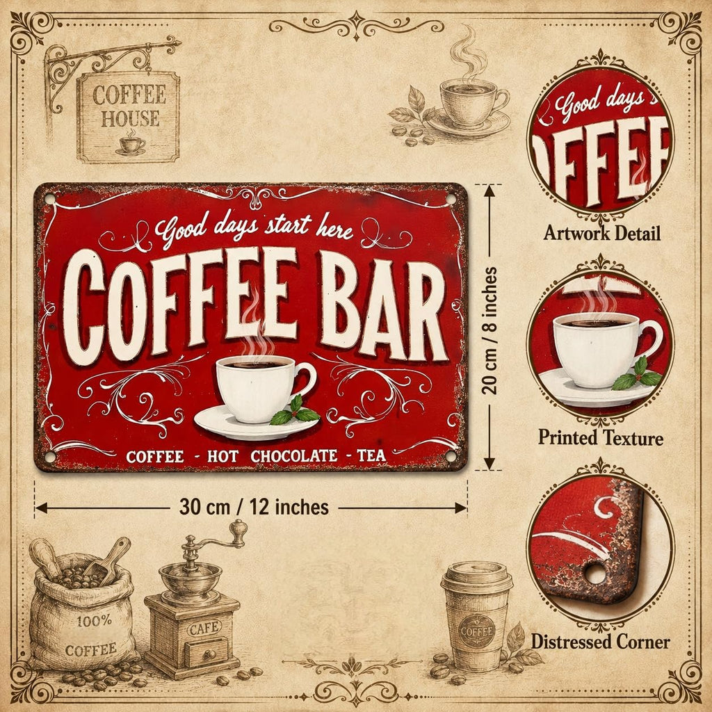 Coffee Bar Tin Sign - Tin Metal 12x8 Inch Vintage Red Retro Kitchen Café Wall Art for Home Bar, Dining Room, Bistro, Gift for Drink Lovers