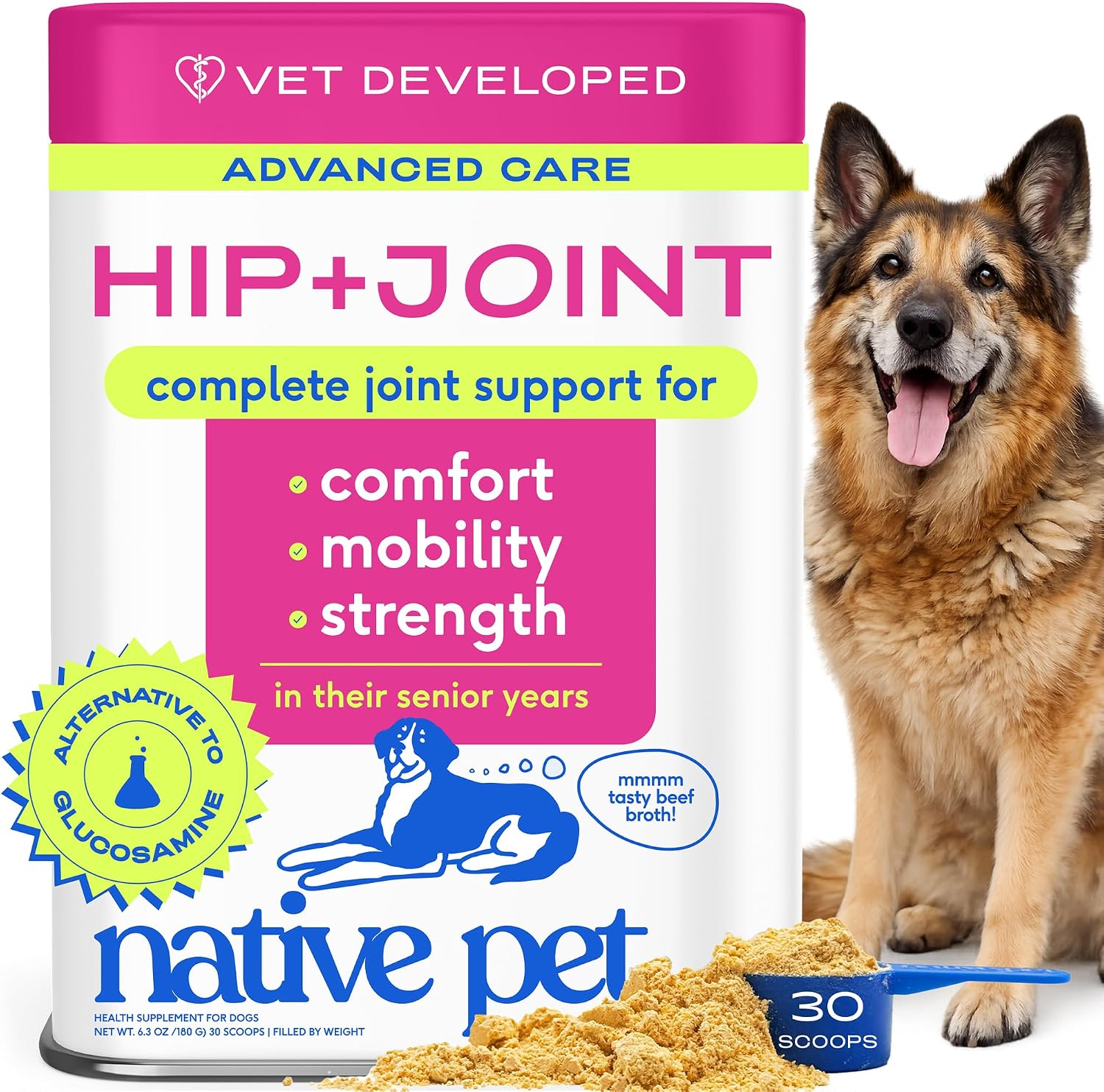 Native Pet Hip & Joint Advanced Care Dog Joint Supplement Powder for Mobility & Movement Support, Joint Supplement for Dogs with HMB, UC-II Collagen, Green Lipped Mussel & Hyaluronic Acid – 30 Scoops