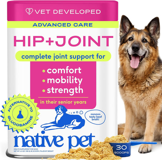 Native Pet Hip & Joint Advanced Care Dog Joint Supplement Powder for Mobility & Movement Support, Joint Supplement for Dogs with HMB, UC-II Collagen, Green Lipped Mussel & Hyaluronic Acid – 30 Scoops