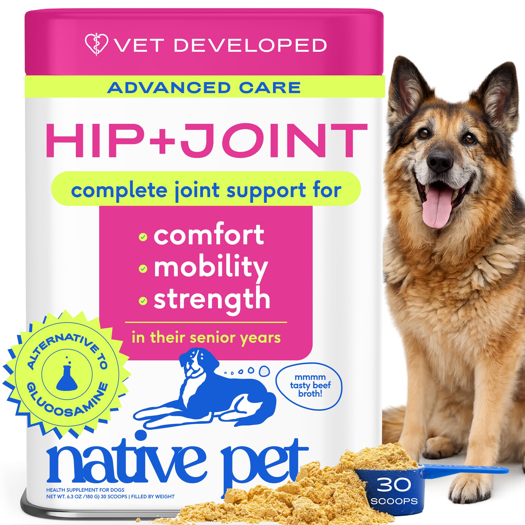 Native Pet Hip & Joint Advanced Care Dog Joint Supplement Powder for Mobility & Movement Support, Joint Supplement for Dogs with HMB, UC-II Collagen, Green Lipped Mussel & Hyaluronic Acid – 30 Scoops