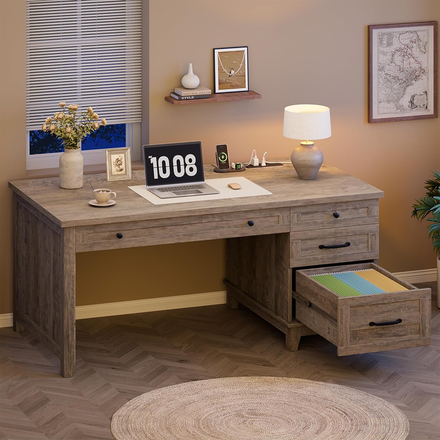 Garvee 53.5" Wooden Home Office Desk with File Drawers, Executive Desk with Power Outlet, Farmhouse Wood Desk with Storage, Distressed Study and Work Table, Rustic Grey