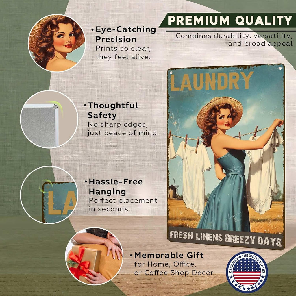 Laundry Metal Tin Sign Laundry Room Wall Decor Fresh Linens Breezy Days Signs Retro Posters for Bathroom Home Bedroom Laundromat Garden 8x12inch