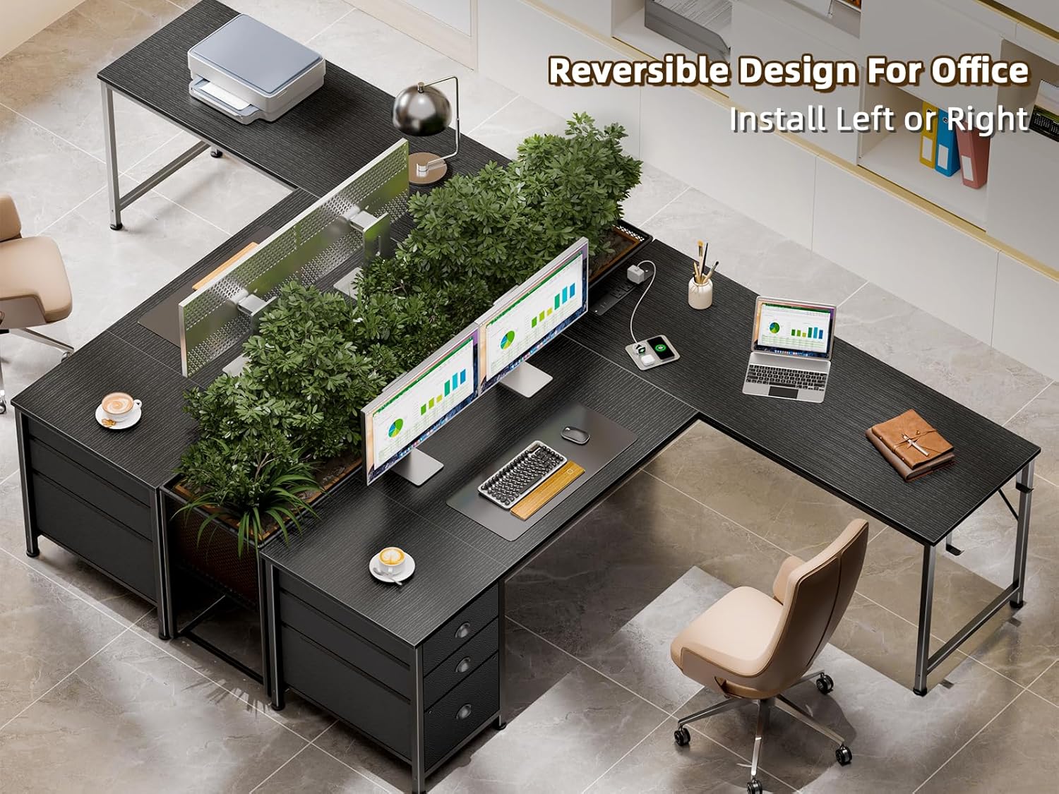 Furologee 63" L Shaped Desk with Power Outlets & USB-C Port, Reversible Corner Computer Desk with 3 Fabric Drawers, Hooks, Large Home Office Desk for Gaming, Writing, Work, Black