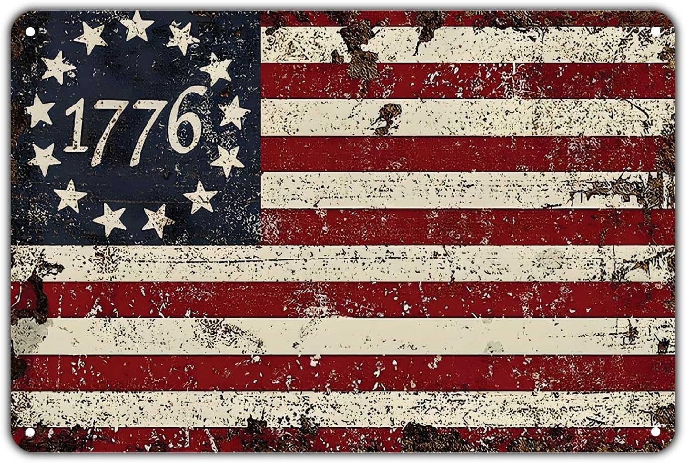 Patriotic 1776 Betsy Ross Flag tin sign， Vintage American Revolutionary War Metal Sign Print Aesthetic for Garden Yard Bar Porch Home Bedroom Kitchen Wall Decor Gift 8 x 12 in