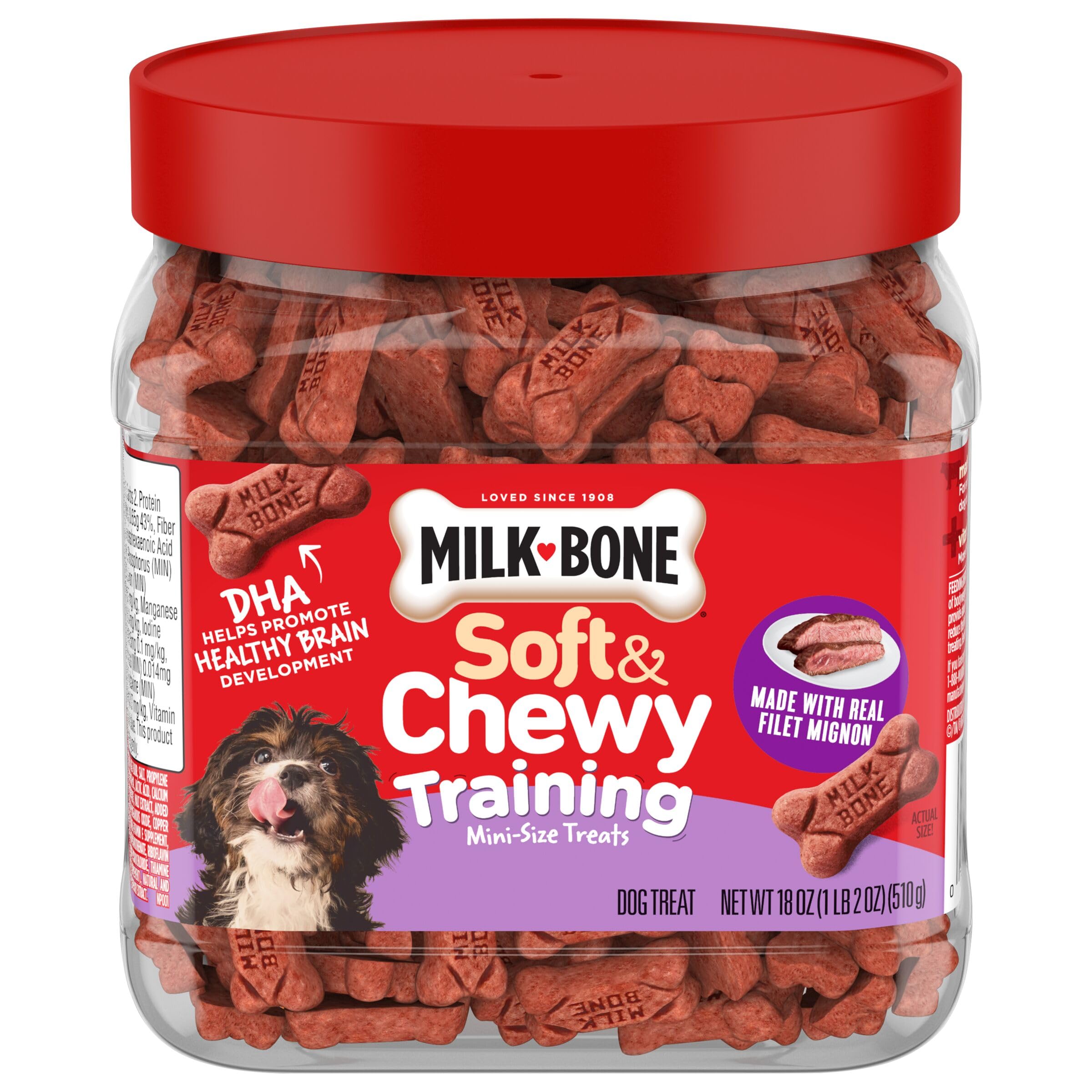 Milk-Bone Soft & Chewy Dog Treats, Made with Real Beef & Filet Mignon, 25 Ounce Canister