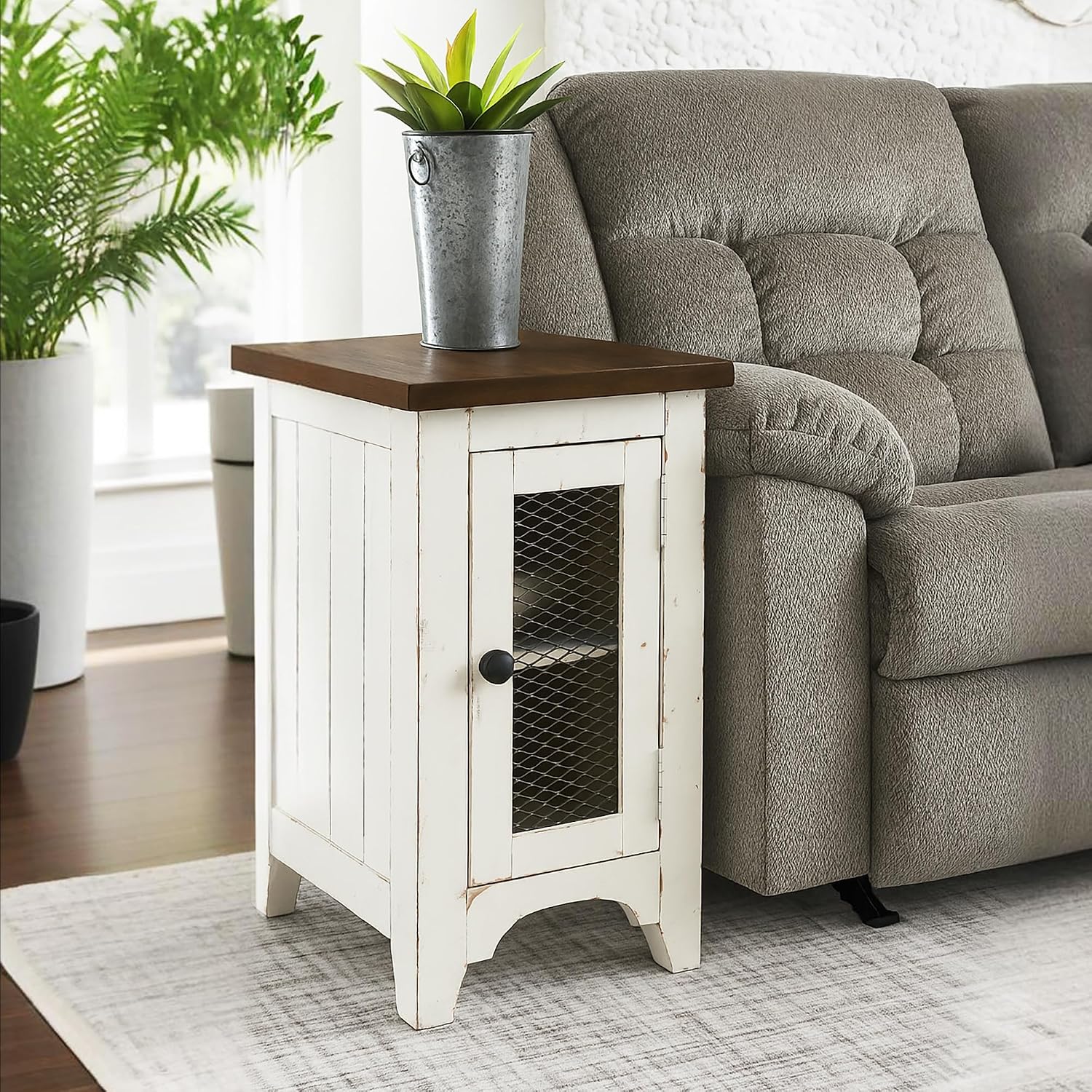 Signature Design by Ashley Wystfield Farmhouse Chair Side End Table with Cabinet Door for Storage, White & Brown with Distressed Finish