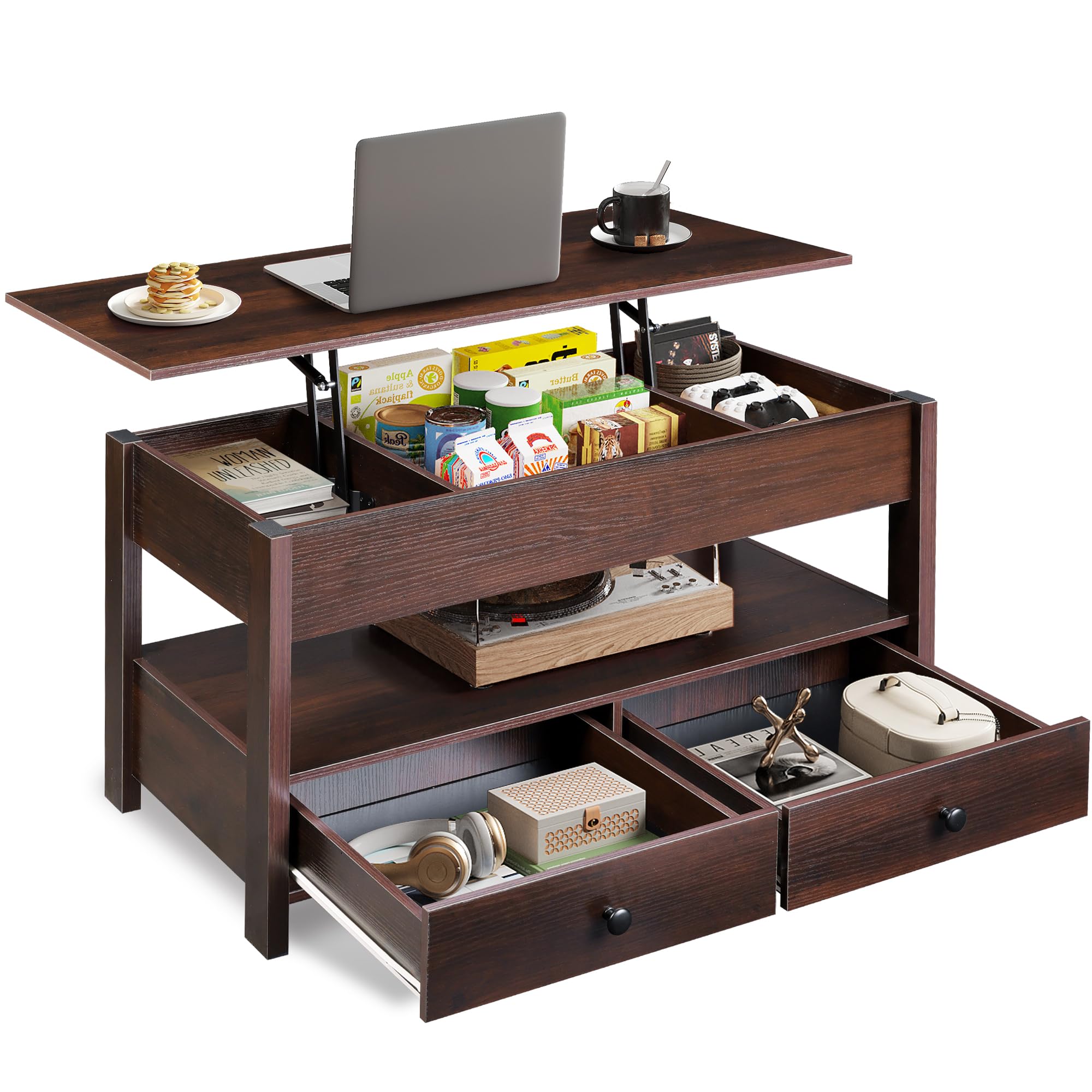 WLIVE Coffee Table with Lifting Top, Hidden Storage & Adjustable Shelf for Living Room Small Space, Multifunctional Rising Wooden Center Table, Mid Century Modern Tables for Home Dining Office, Brown