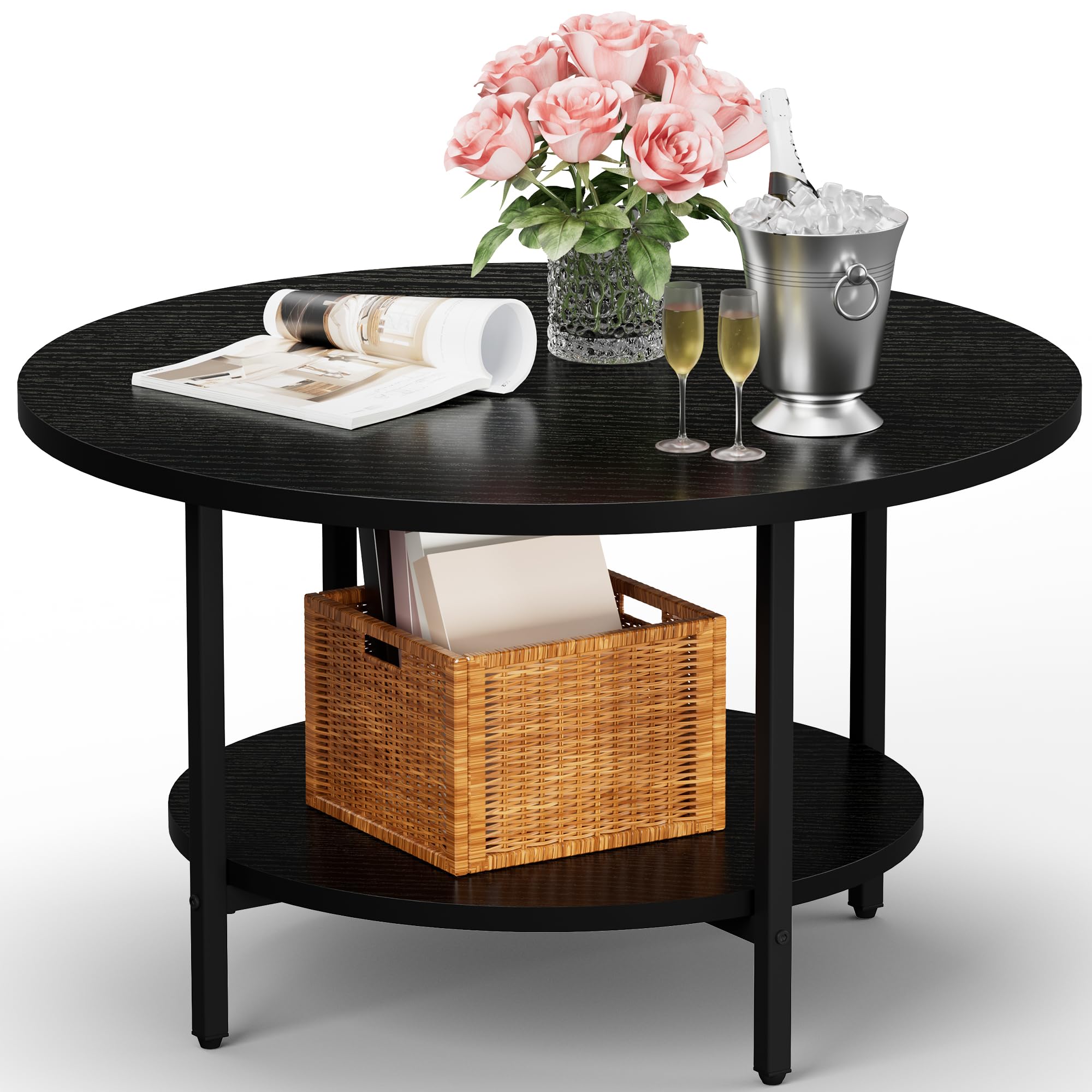 FAMIDGE Coffee Table, 23.6" Coffee Tables for Living Room, Round Coffee Table with Metal Frame, Floor Table for Sitting on The Floor, Home, Office, Black