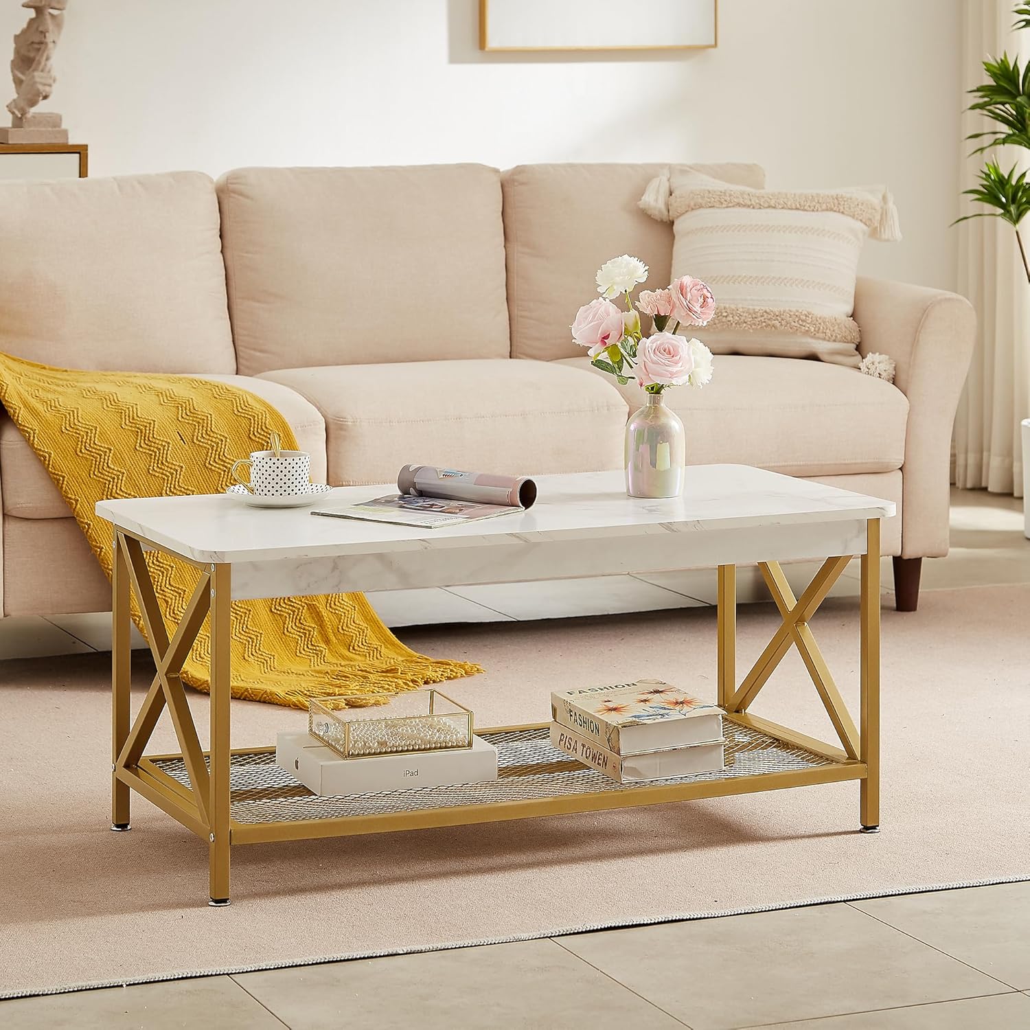 VECELO Coffee Table with 2-Tier Storage Shelf X-Frame for Living Room, Office Industrial Style,Easy Assembly, 39 inch Gold