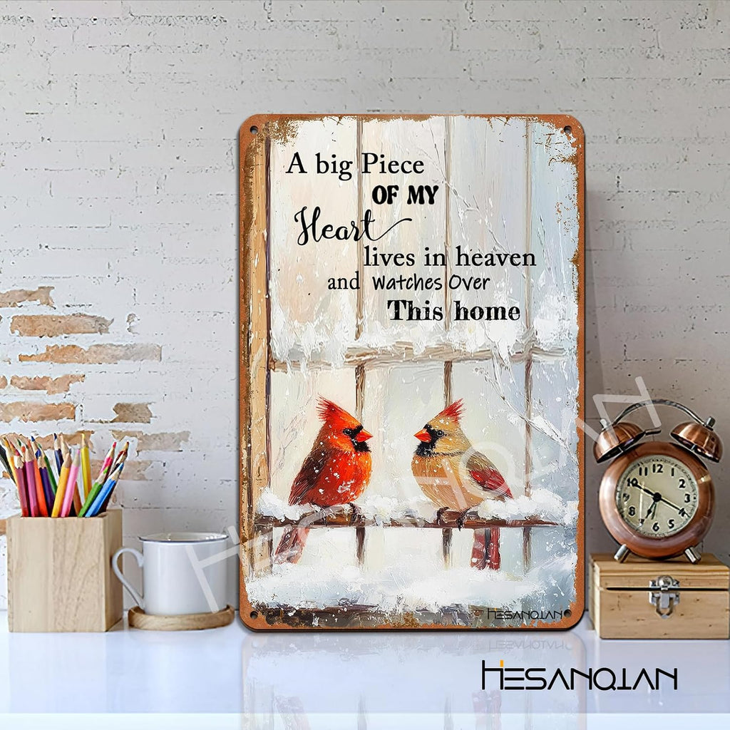 Cardinal Tin Sign, Cardinal Bird Sympathy Wall Art 8x12 Inch | A Big Piece Of My Heart Lives In Heaven Message, Handmade Home Decor