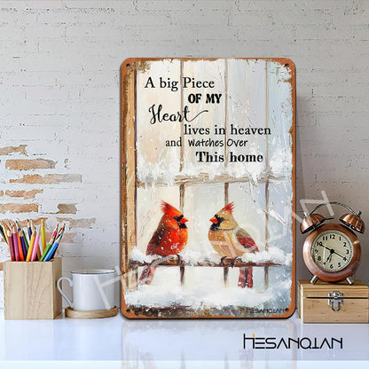 Cardinal Tin Sign, Cardinal Bird Sympathy Wall Art 8x12 Inch | A Big Piece Of My Heart Lives In Heaven Message, Handmade Home Decor