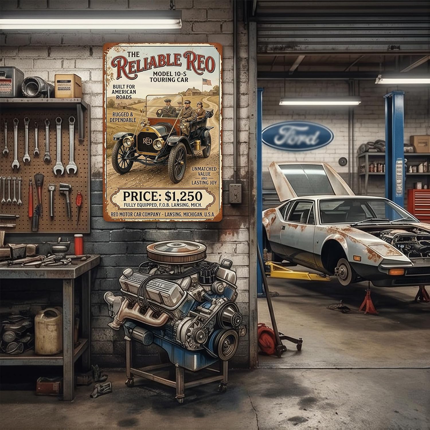 Vintage Car Sign Retro Sports Car Metal Tin Signs, Tin Sign Car for Garage Decor, Classic Car Decor Early American Metal Garage Sign for Man Cave, 8x12 Inch (REO model 10-S)