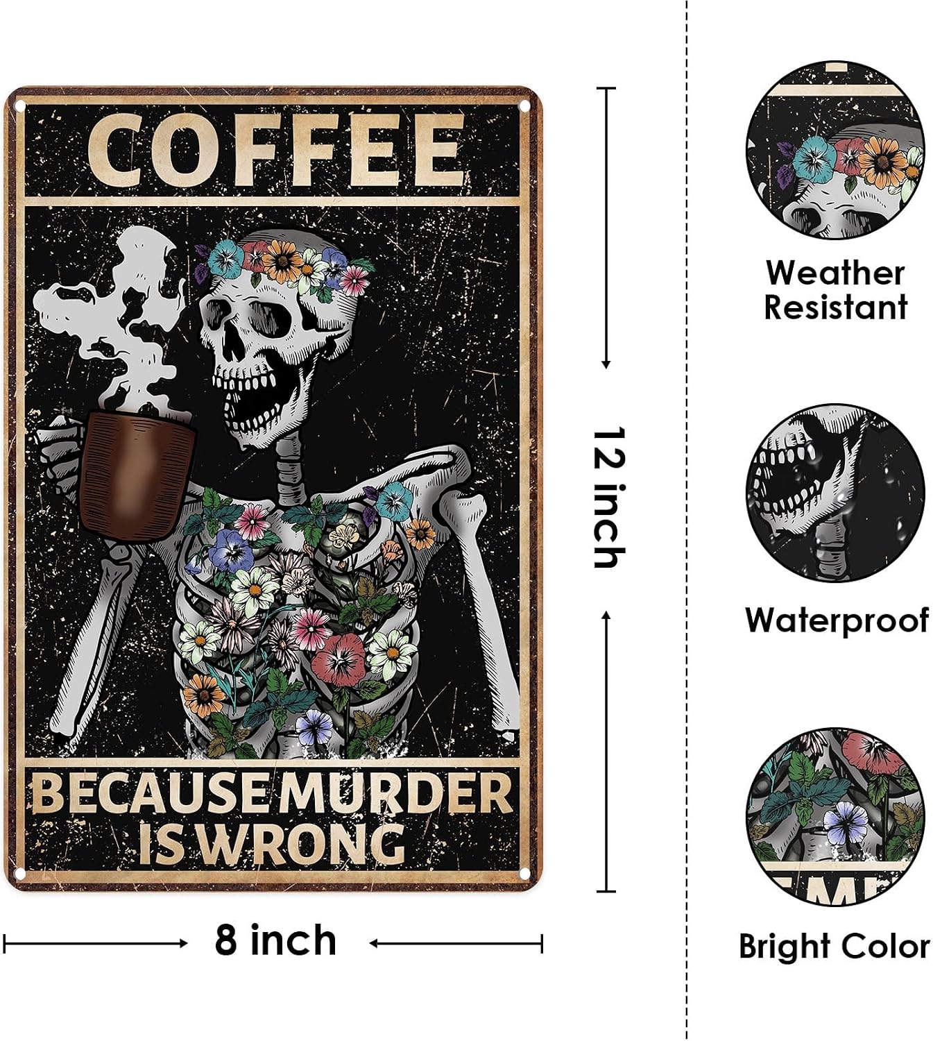Sanwarm Metal Sign Coffee Skull Retro Flower Horror Vintage Tin Sign For Living Room Cafe Bar Club Office Home Wall Decor 12 X 8 Inch