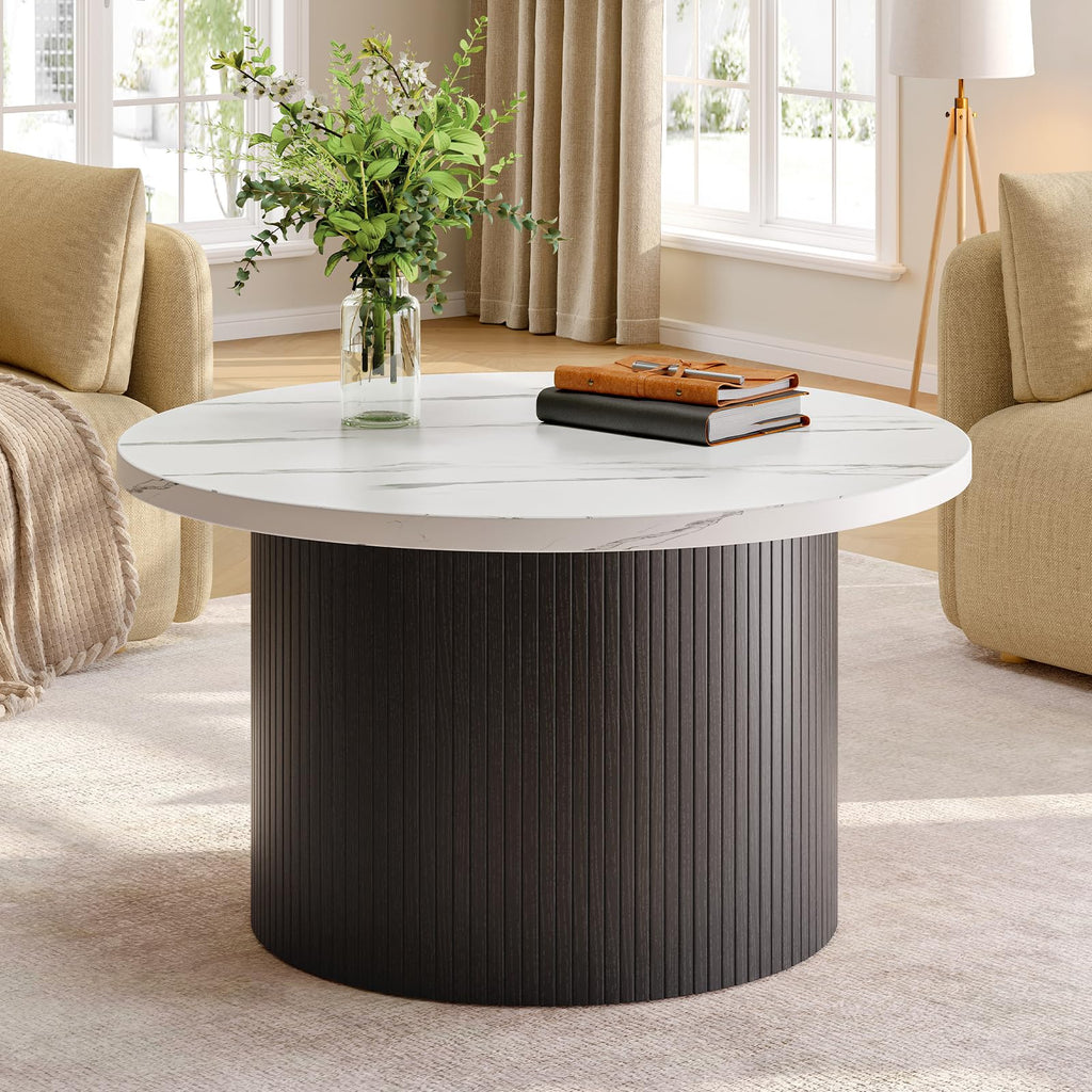 ONBRILL 31.5" Round Coffee Table, Tambour Design Coffee Tables for Living Room, Mid Century Modern Wood Coffee Table, Drum Accent Small Center Table, Black