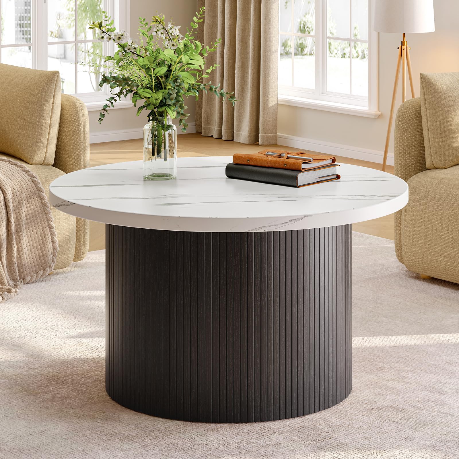 ONBRILL 31.5" Round Coffee Table, Tambour Design Coffee Tables for Living Room, Mid Century Modern Wood Coffee Table, Drum Accent Small Center Table, Black