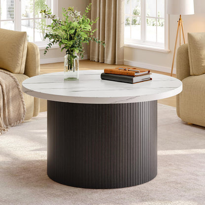 ONBRILL 31.5" Round Coffee Table, Tambour Design Coffee Tables for Living Room, Mid Century Modern Wood Coffee Table, Drum Accent Small Center Table, Black