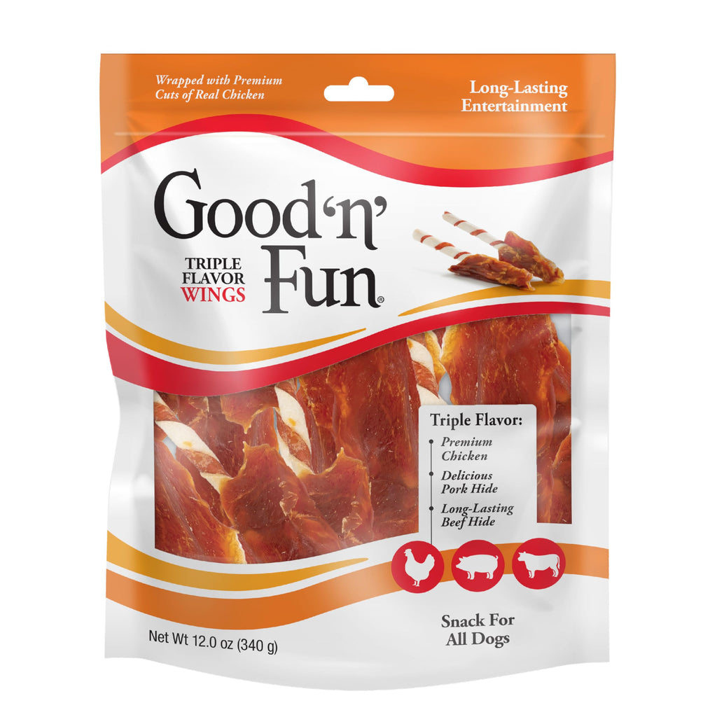 Good ‘n’ Fun Triple Flavor Wings Chews for All Dogs, Treat Your Dog to Long-Lasting Chews Made with Chicken, Beef Hide and Pork Hide, 8 oz