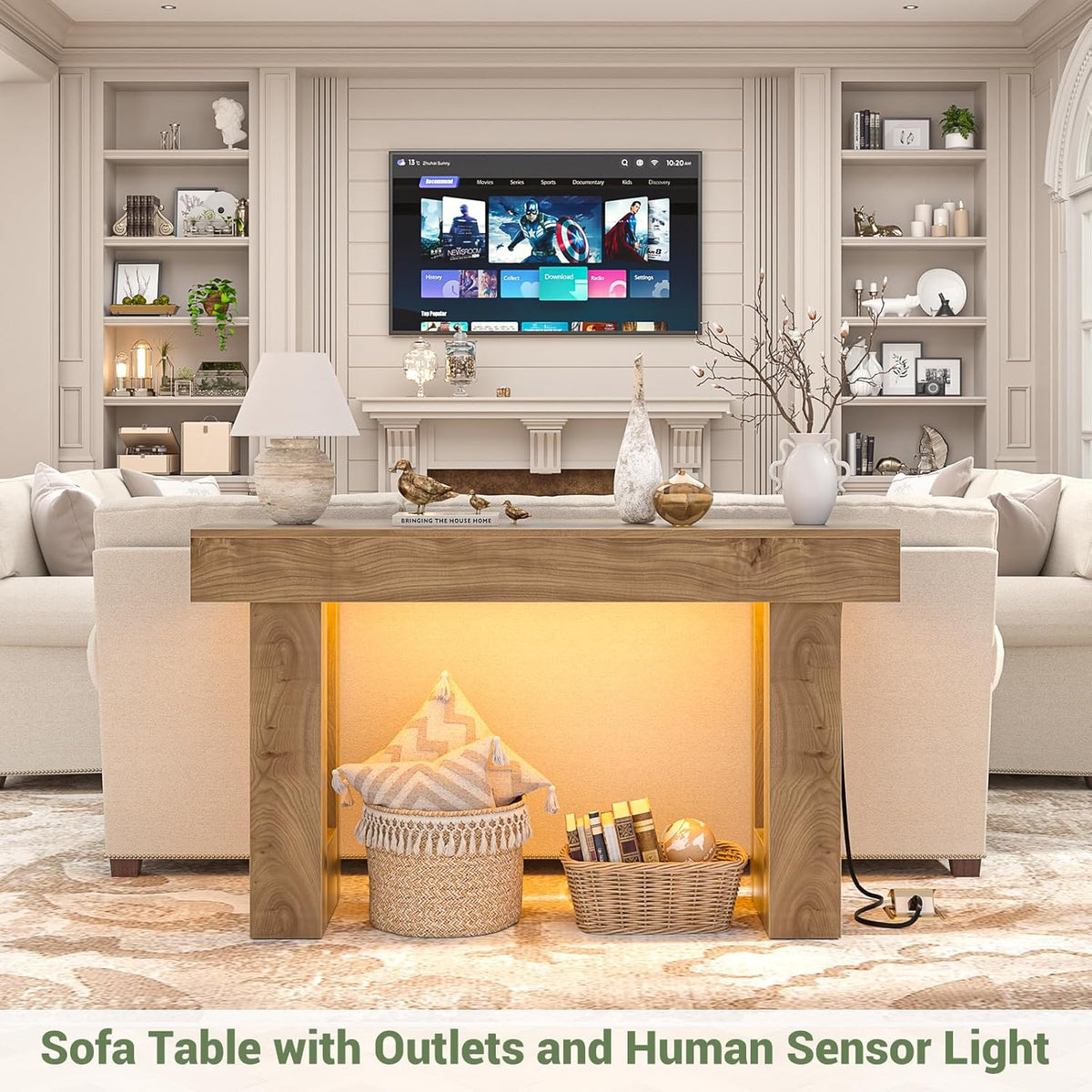 Unikito 47" Entryway Table with Socket and Sensor Light, Narrow Console Table with Storage Behind Couch, Farmhouse Entry Way Tables with Open Storage for Entrance/Hallway/Living Room, Natural Oak