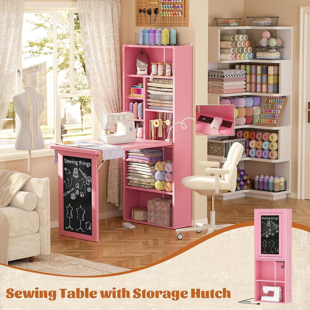Armocity Small Folding Desk with Outlets, Convertible Writing Desk for Small Spaces/Home Office/Craft Room, Multi-Function Desk Workstation with Blackboard, Fold-Out Cabinet Table, Pink