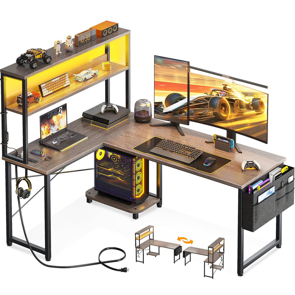 AODK L Shaped Desk Gaming Desk with LED Light & Power Outlet, 53 Inch Reversible L Shaped Computer Table with Shelf & Storage Bag & Hook for Home Office, Black