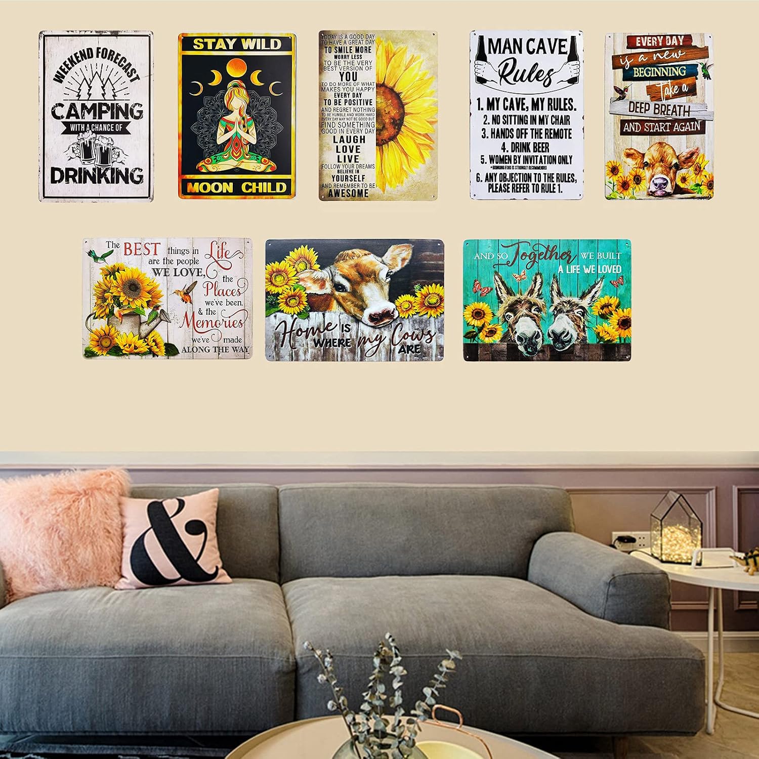 Vintage Sunflower Tin Signs Birds And Butterfly Funny Inspiration Quotes Farmhouse Home Wall Decor Metal Signs 8X12 Inch