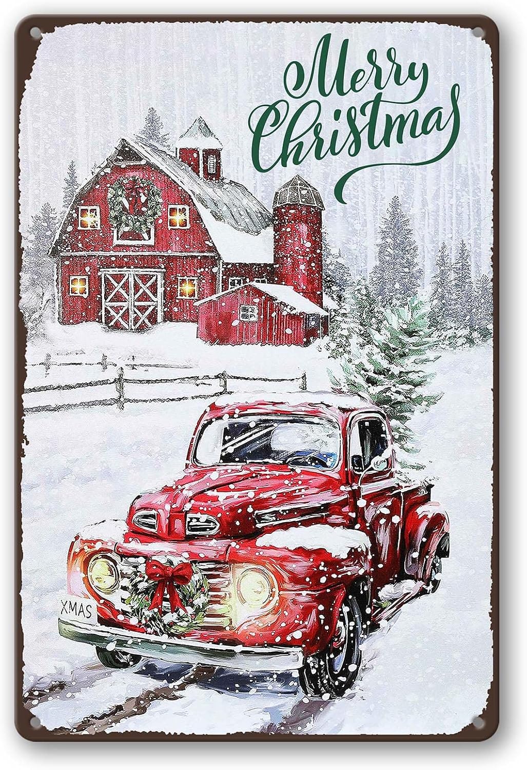 Vintage Christmas Red Truck Wall Sign - Metal Plaque Sign Decorations - 8x12 Inch