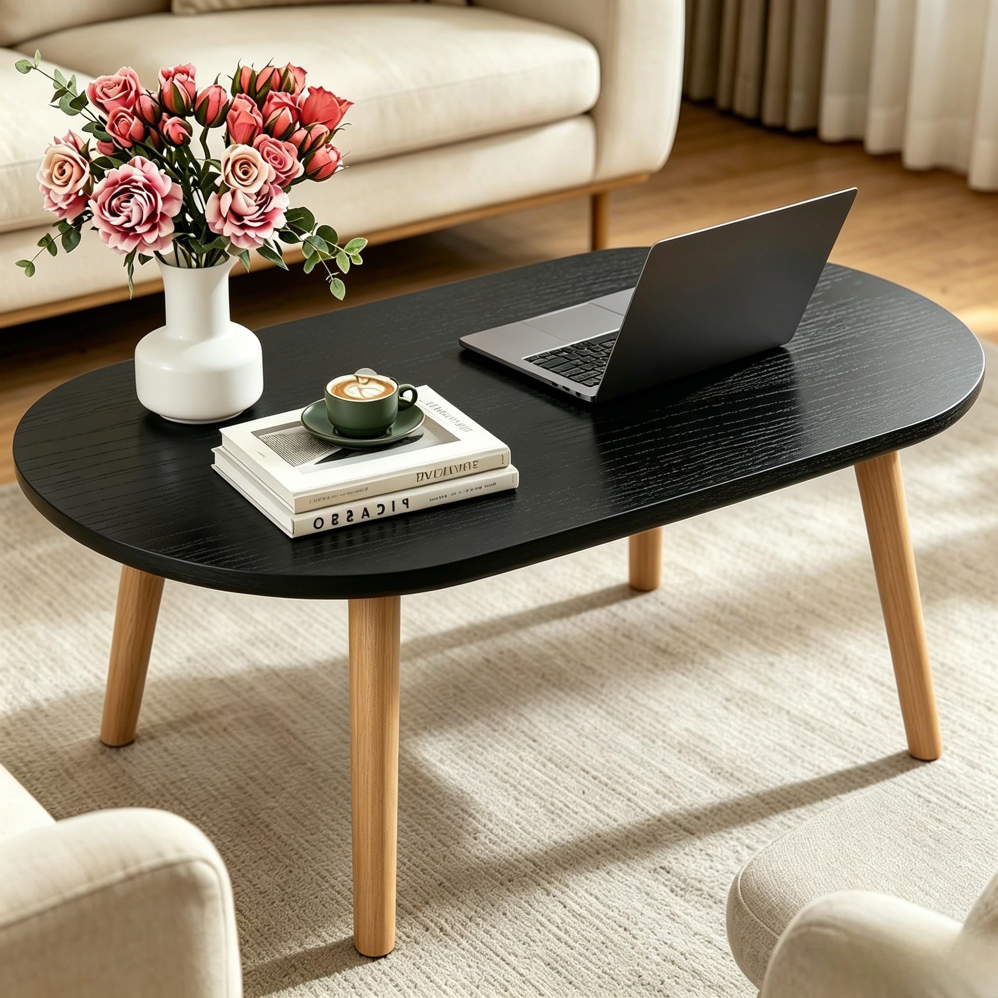 FAMIDGE Coffee Table, 23.6" Small Oval Coffee Tables for Small Space with 4 Solid Wood Leg, Floor Table Desk for Sitting on The Floor, Side Table Japanese Low Table for Living Room Apartment, Brown