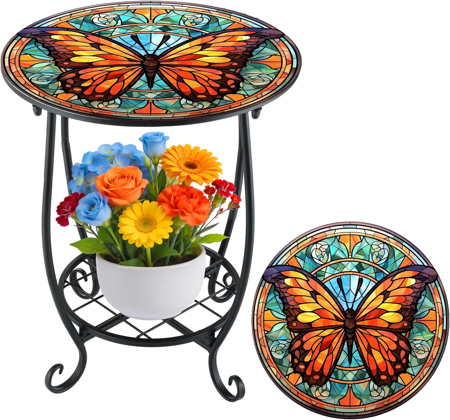 Cinnvoice Outdoor Side Table Round Small Mosaic Patio Accent Indoor End Plant Coffee Tea Table for Yard Patio Porch Garden Living Room, Bedroom(Butterfly Style,14 Inch)