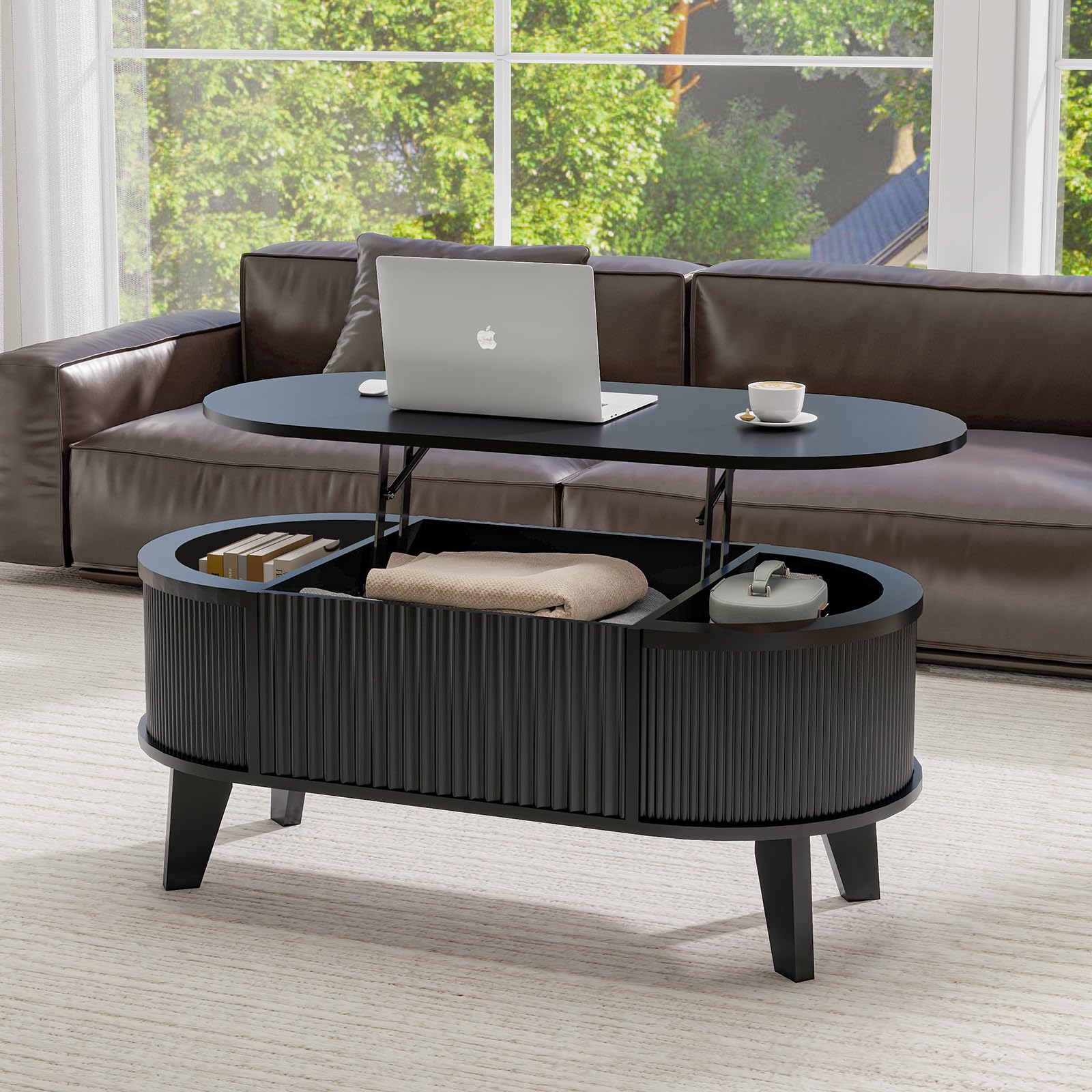 LYNCOHOME Fluted Lift Top Coffee Table with Storage,Modern Oval Coffee Table for Living Room or Home Office（Walnut）