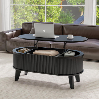 Fluted Lift Top Coffee Table with Storage,Modern Oval Coffee Table for Living Room or Home Office（Walnut）