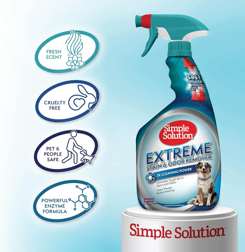 Simple Solution Extreme Pet Stain and Odor Eliminator Spray, Pee Stain Remover, Enzyme Cleaner, 3X Pro-Bacteria Cleaning Power, Dog Odor Remover, 32 oz