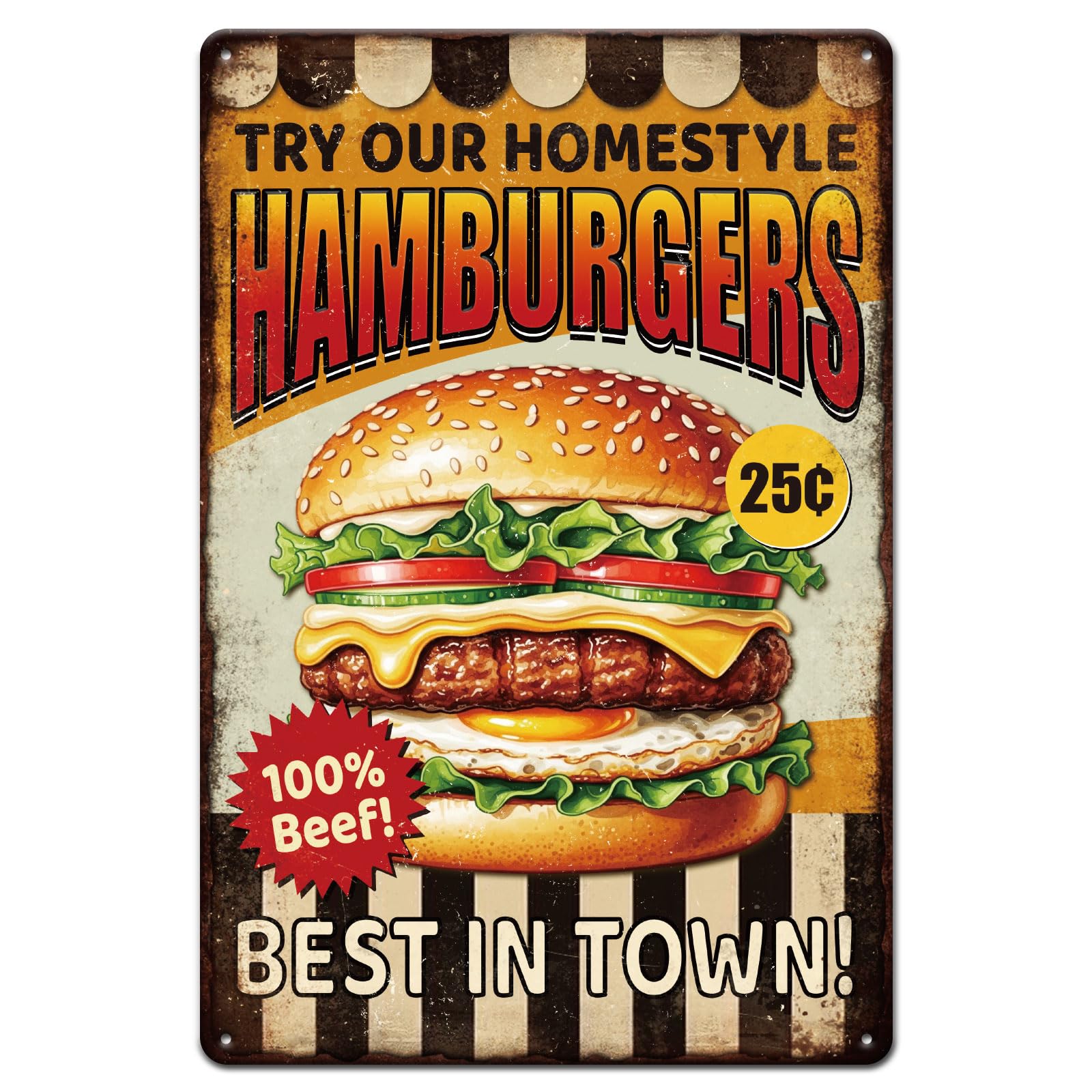 GLOBLELAND Hot Dog Fast Food Metal Tin Sign 8x12inch "Best In Town" Vintage Painting Tin Sign Wall Poster Plaque for Kitchen Breakfast Dining Room Café Brunch Culinary Room