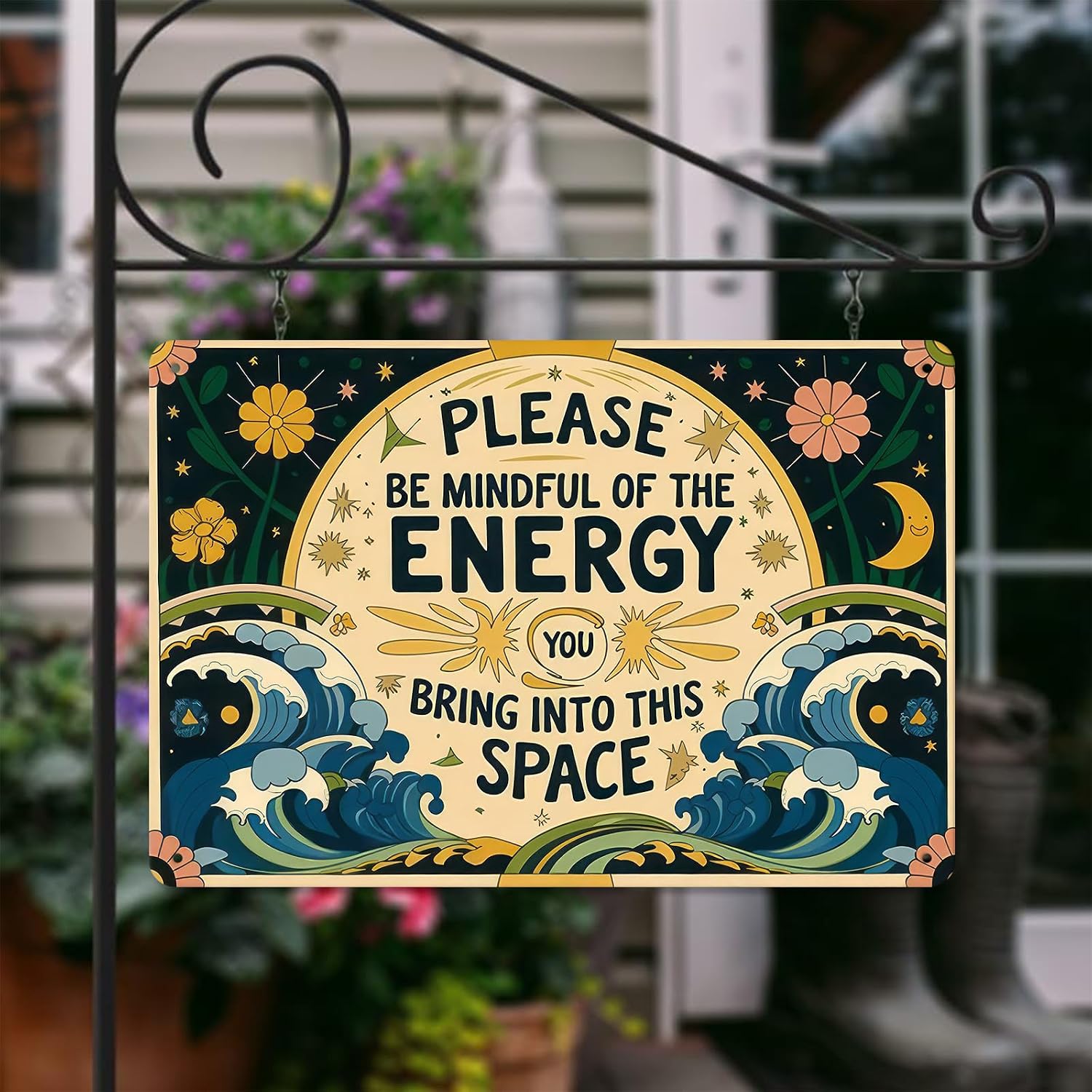 Vintage Tin Signs Metal Retro Wall Art Decor - Please Be Mindful of the Energy You Bring Into This Space, Positive Energy Metal Signs for Home Yoga Cafes, Spiritual Sign Boho Art Aesthetic 8x12 Inch