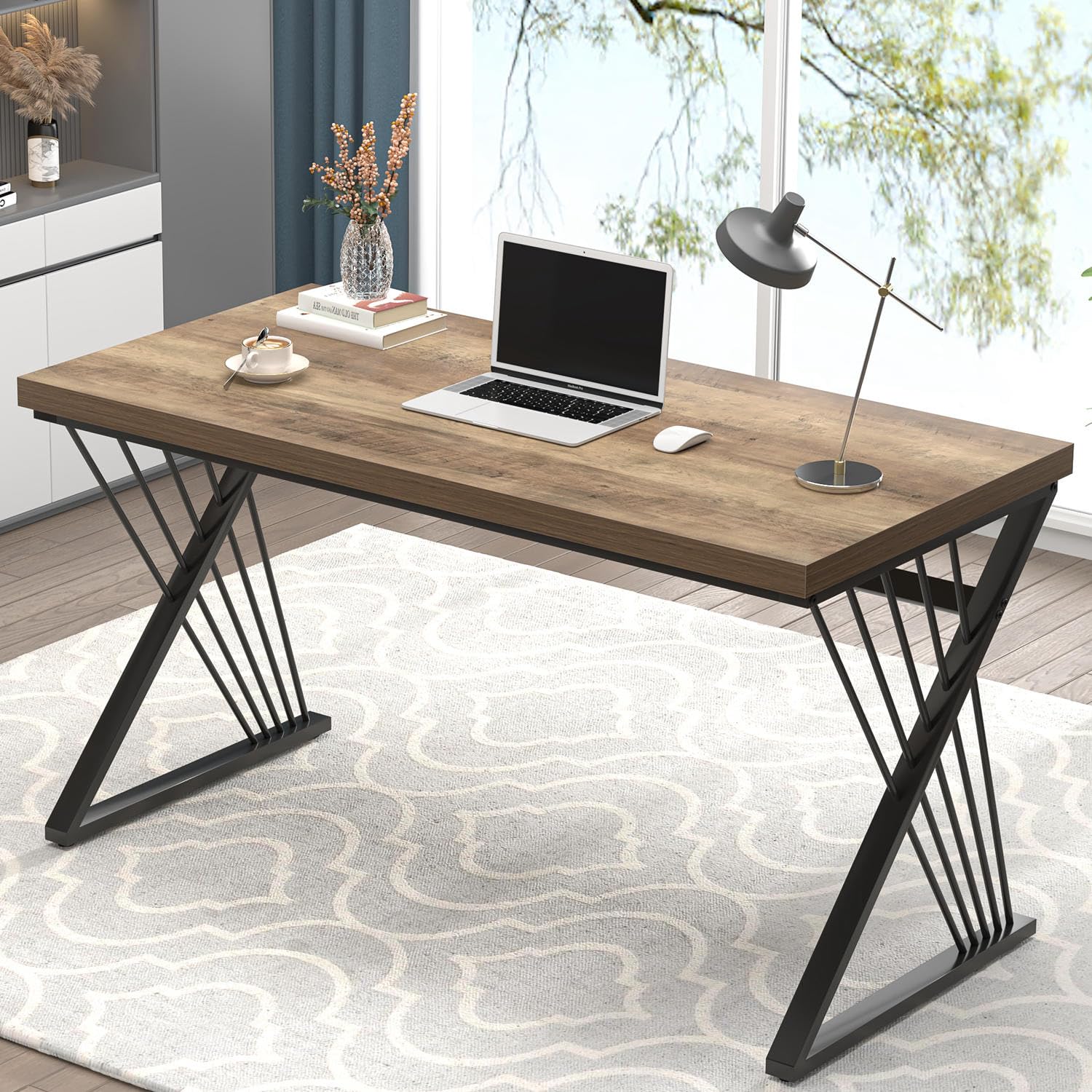 FOLUBAN Home Office Desks, Modern Wood and Metal Writing Study Work Table, Industrial Computer Desk for Bedroom Living Room, Rustic Walnut, 47 Inch