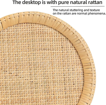 Drink Table，Rattan Round Small Side Table for Small Spaces, Boho Circle End Table Coffee Table with Solid Wood Leg for Living Room, Pedestal Table for Bedroom, Corners