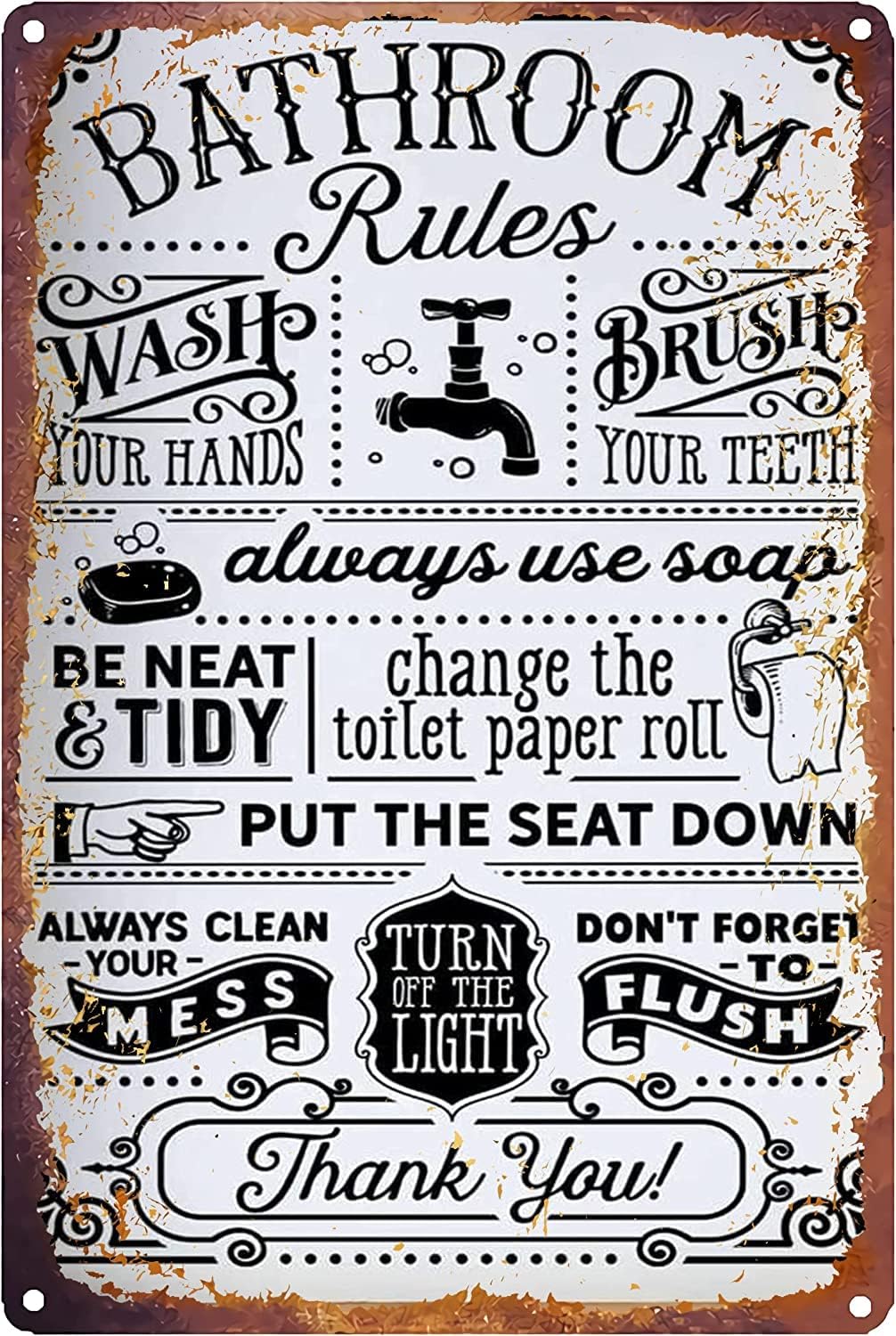 Funny Bathroom Decor Vintage Bathroom Rules Metal Tin Sign for Home Toilet Gifts 8x12 Inch
