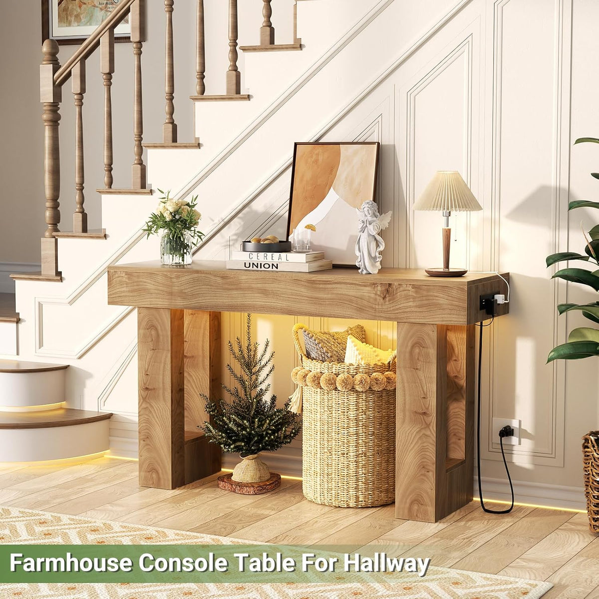 Unikito 47" Entryway Table with Socket and Sensor Light, Narrow Console Table with Storage Behind Couch, Farmhouse Entry Way Tables with Open Storage for Entrance/Hallway/Living Room, Natural Oak