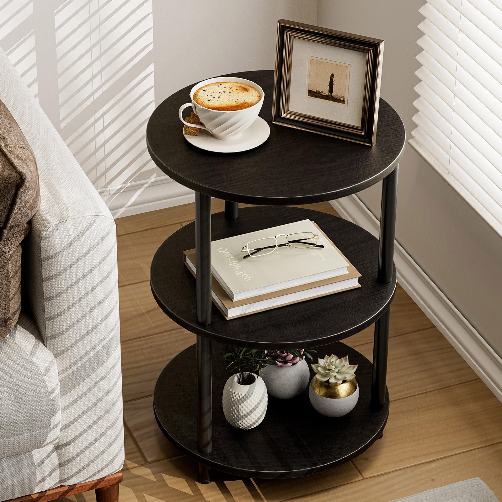 XBurmo Small Round Coffee Table - 3 Tier Design Accent Table, Narrow Side or Bedside Stand, Industrial Vintage Nightstand for Bedroom, Living Room, or Small Spaces, Rustic Brown