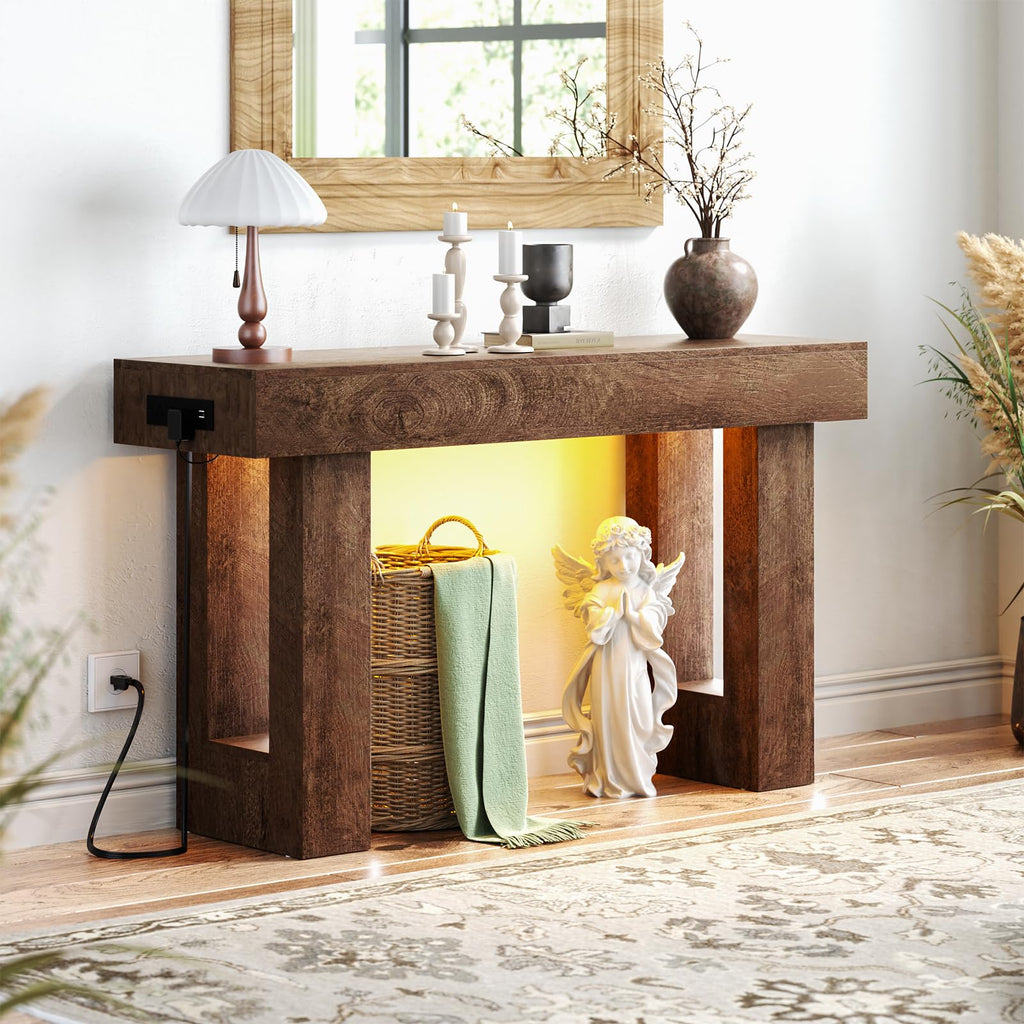 Unikito 47" Entryway Table with Socket and Sensor Light, Narrow Console Table with Storage Behind Couch, Farmhouse Entry Way Tables with Open Storage for Entrance/Hallway/Living Room, Natural Oak