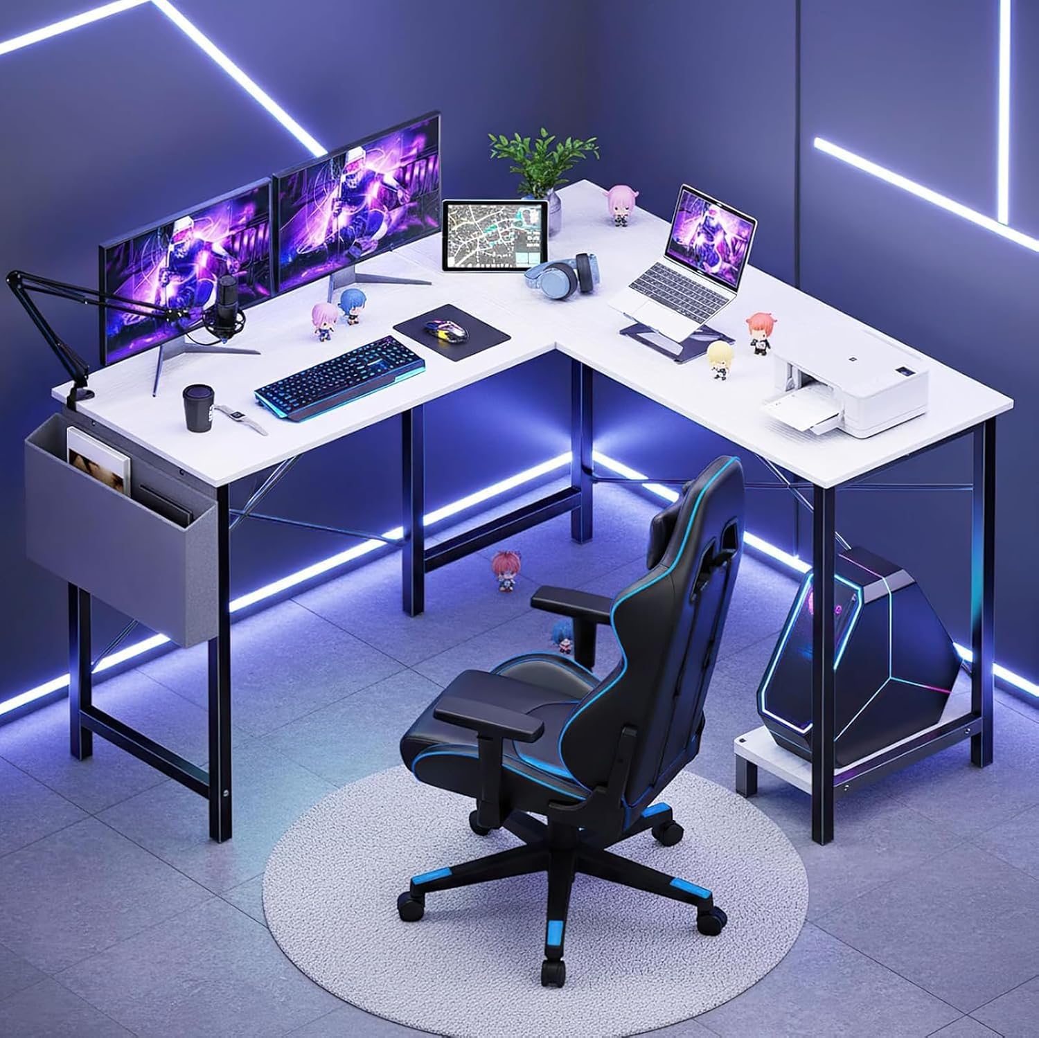 Sweetcrispy L Shaped Desk Computer Gaming Corner Table PC Workstation with CPU Stand Side Bag for Home Office Dorm Sturdy Writing Setup Furniture White 50 Inch Desk