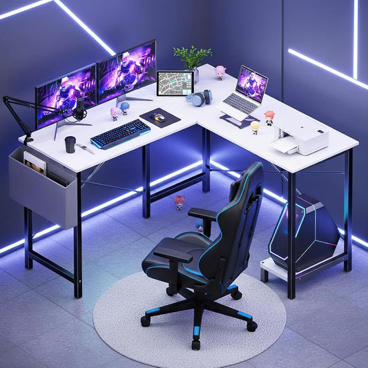 Sweetcrispy L Shaped Desk Computer Gaming Corner Table PC Workstation with CPU Stand Side Bag for Home Office Dorm Sturdy Writing Setup Furniture White 50 Inch Desk