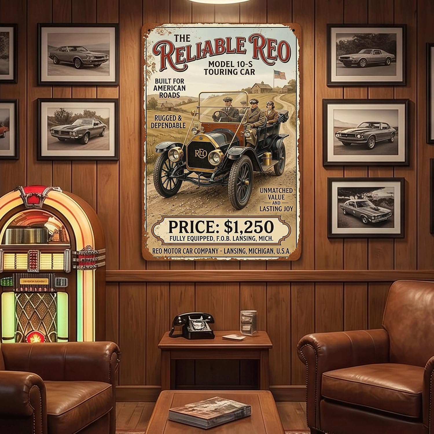 Vintage Car Sign Retro Sports Car Metal Tin Signs, Tin Sign Car for Garage Decor, Classic Car Decor Early American Metal Garage Sign for Man Cave, 8x12 Inch (REO model 10-S)