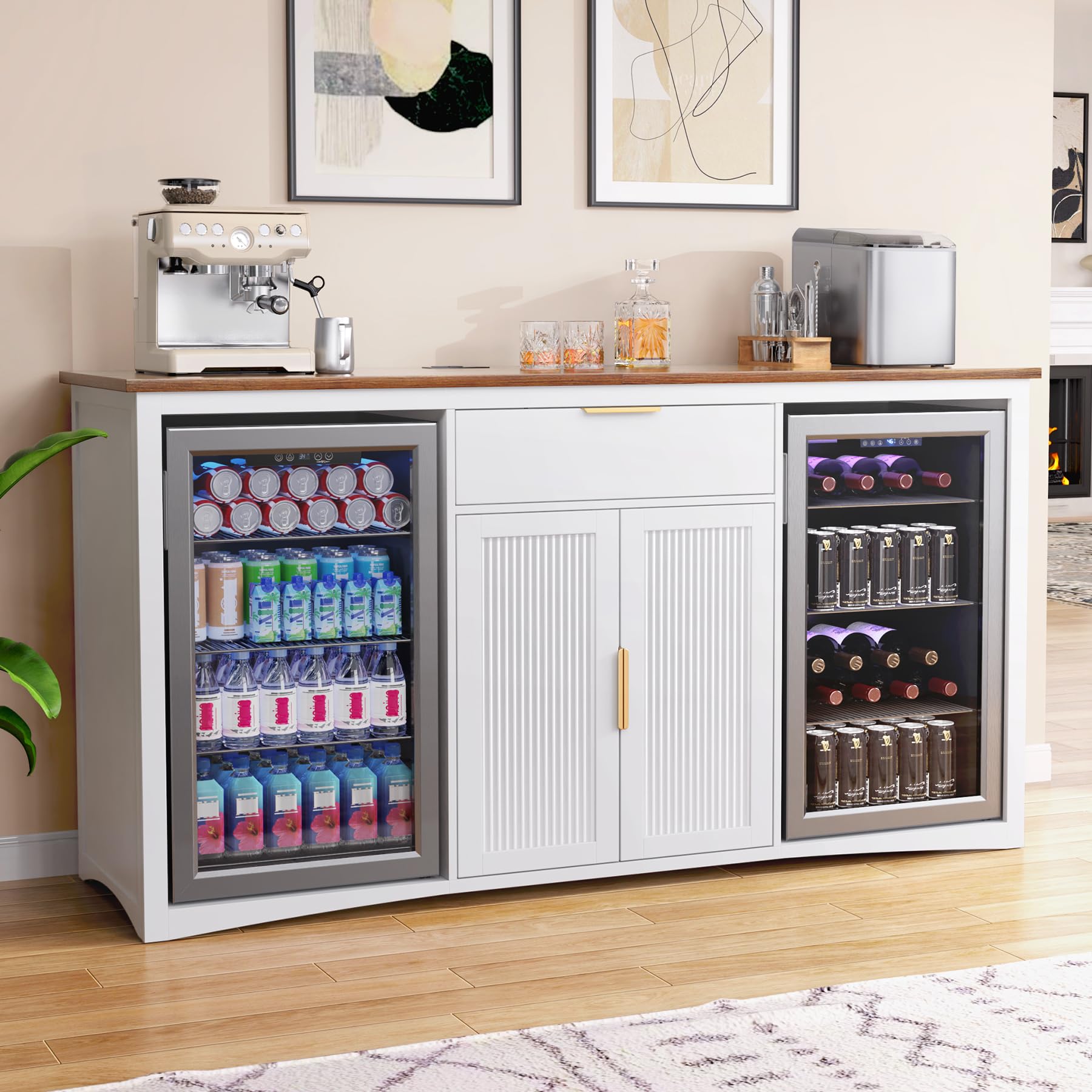 GDLF Large Coffee Bar Cabinet with Fridge Space, Mini Fridge Cabinet with Wine Storage, Buffet Sideboard Table for Home, Fluted Modern Design,53.2" L