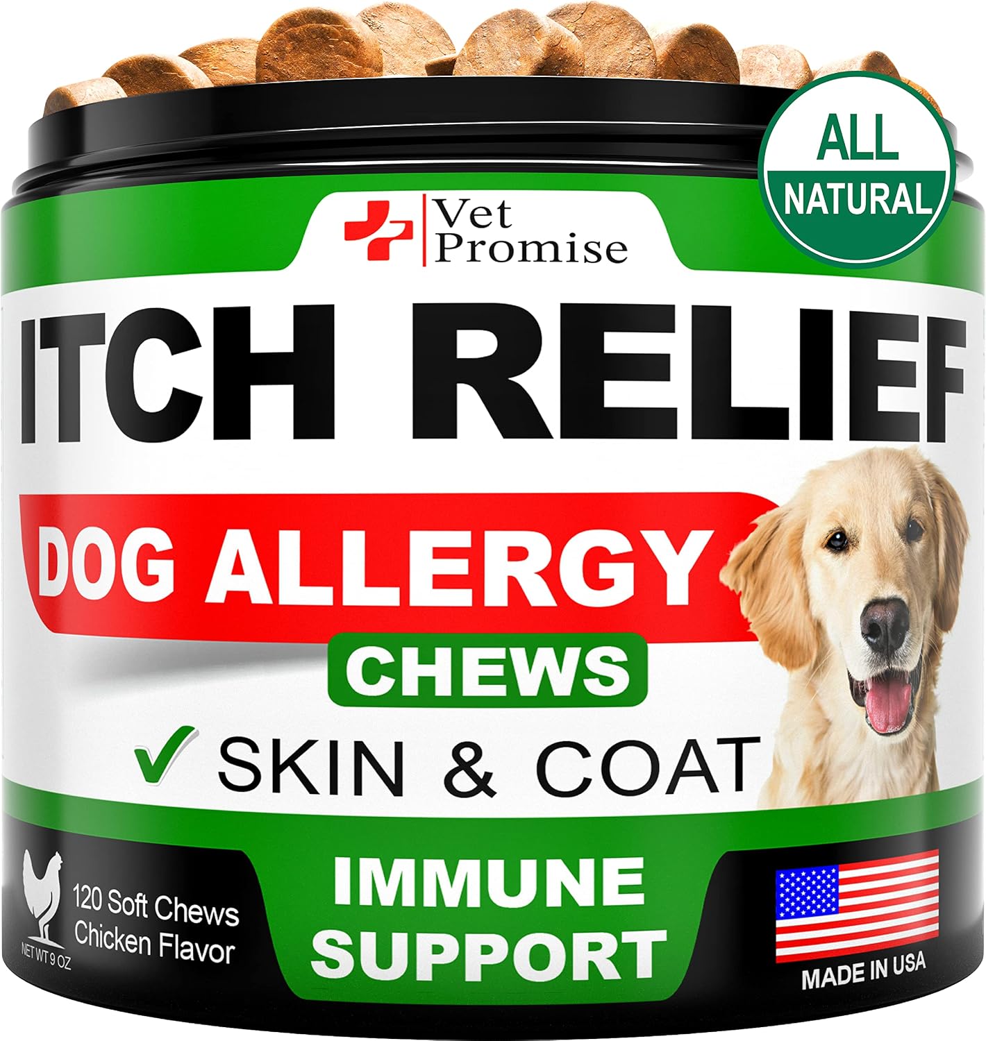 Dog Allergy Relief Chews - Dog Itch Relief Treatment - Anti Itch - Itchy Skin - Dry Skin & Hot Spots - Immune Health Supplement with Probiotics, Omega 3 Fish Oil, Colostrum - Made in USA - 120 Treats