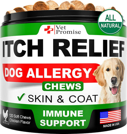 Dog Allergy Relief Chews - Dog Itch Relief Treatment - Anti Itch - Itchy Skin - Dry Skin & Hot Spots - Immune Health Supplement with Probiotics, Omega 3 Fish Oil, Colostrum - Made in USA - 120 Treats