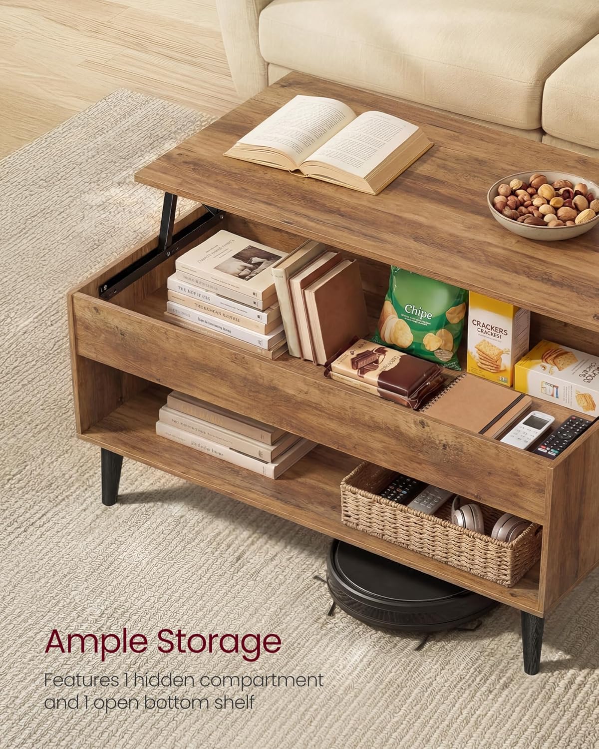 VASAGLE Lift Top Coffee Table, Lift Tabletop Dining Table, Gas Spring, Hidden Compartment, Open Storage Shelf, for Living Room, Home Office, Honey Brown ULCT268KB01S