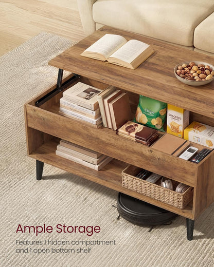 VASAGLE Lift Top Coffee Table, Lift Tabletop Dining Table, Gas Spring, Hidden Compartment, Open Storage Shelf, for Living Room, Home Office, Honey Brown ULCT268KB01S